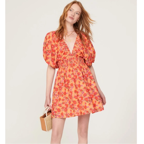 Louna Dresses & Skirts - Louna Coral Flora Puff Sleeve V-Neck Mini Dress